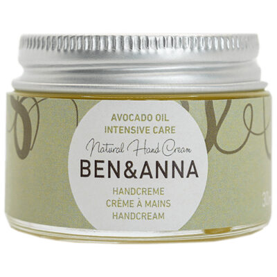 Crema de manos con aceite de aguacate Ben & Anna 30 ml en tarro de cristal para manos secas