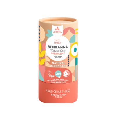 Desodorante natural Coco Mania Ben & Anna 40 g con aroma a coco y envase de cartón sin plástico
