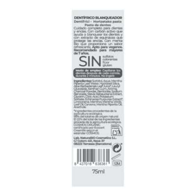 Pasta de Dientes Blanqueadora con Carbón Activo y Menta Bio 75 ml